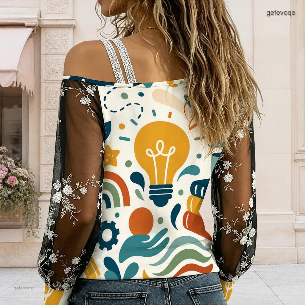 Women Plus Size Asymmetric Cold Shoulder Long Sleeve T Shirt Abstract Printed Sheer Floral Embroidered Sleeve