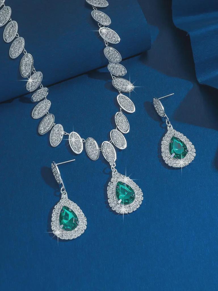 Elegant Diamond Earrings & Necklace Set - Luxury Jewelry for Ladies, Perfect for Dinner and Weddings, European & American Style.
