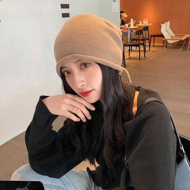 Autumn And Winter Pile Hat With Curled Brim And All-Match Warm Cold Hat With Large Head Knitted Drawstring Hat For Women