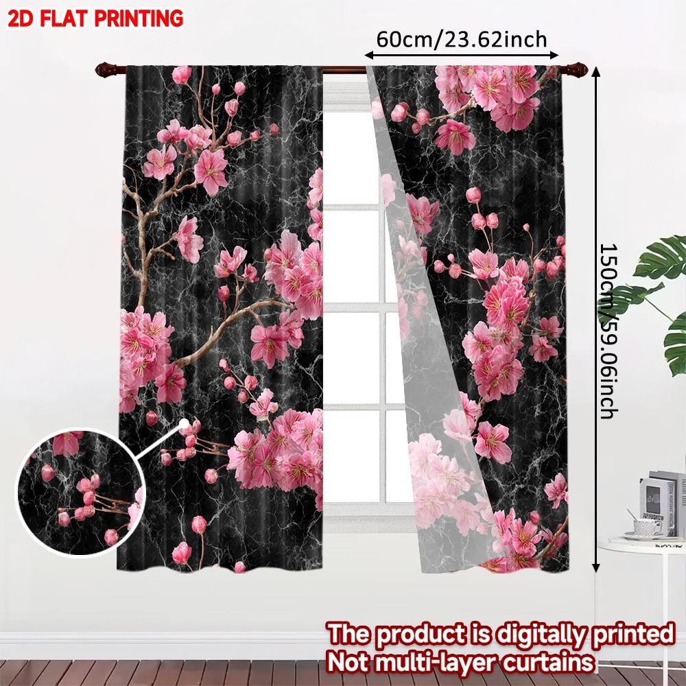 2pcs Cherry Blossom Curtains Pink Flowers with Detailed Stamens on Dark Marble Background for Elegant Bedroom Decor