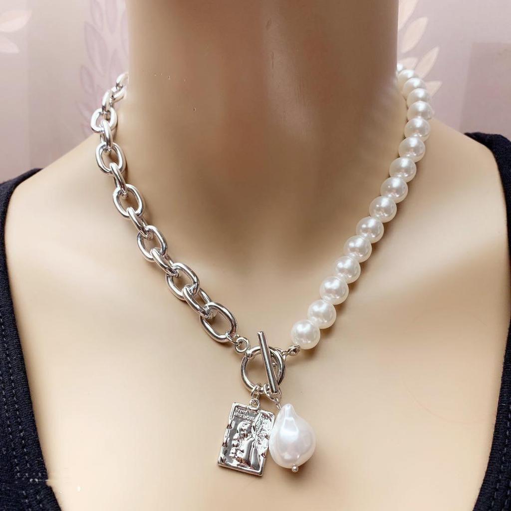 Vintage Copper Snake Chain Baroque Pearl Portrait Necklace Set for Women