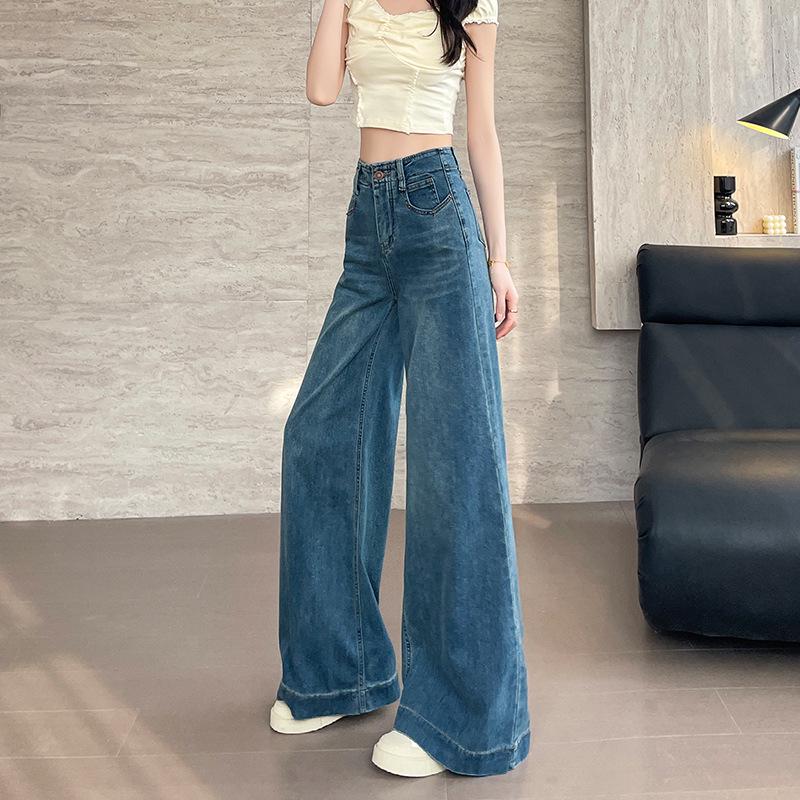 

Women s Blue High Waist Wide-Leg Jeans - Spring/Fall Loose Fit, Drape, Elastic, Floor-Length M