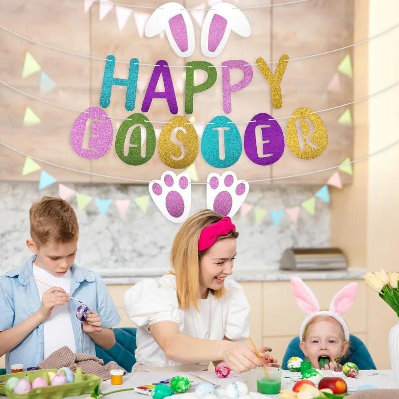 1-10Sets Easter Banner Happy Easter Bunny Bunting Party Background Wall Decorations Festive Garland Hanging Supplies