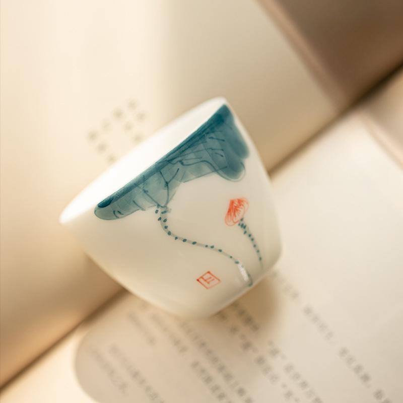 Hand-painted Lotus Teacup Jade Porcelain Underglaze Single Cup Household Ceramic Kung Fu Tea Cup Teaware Chinese Gongfu Tea Bowl