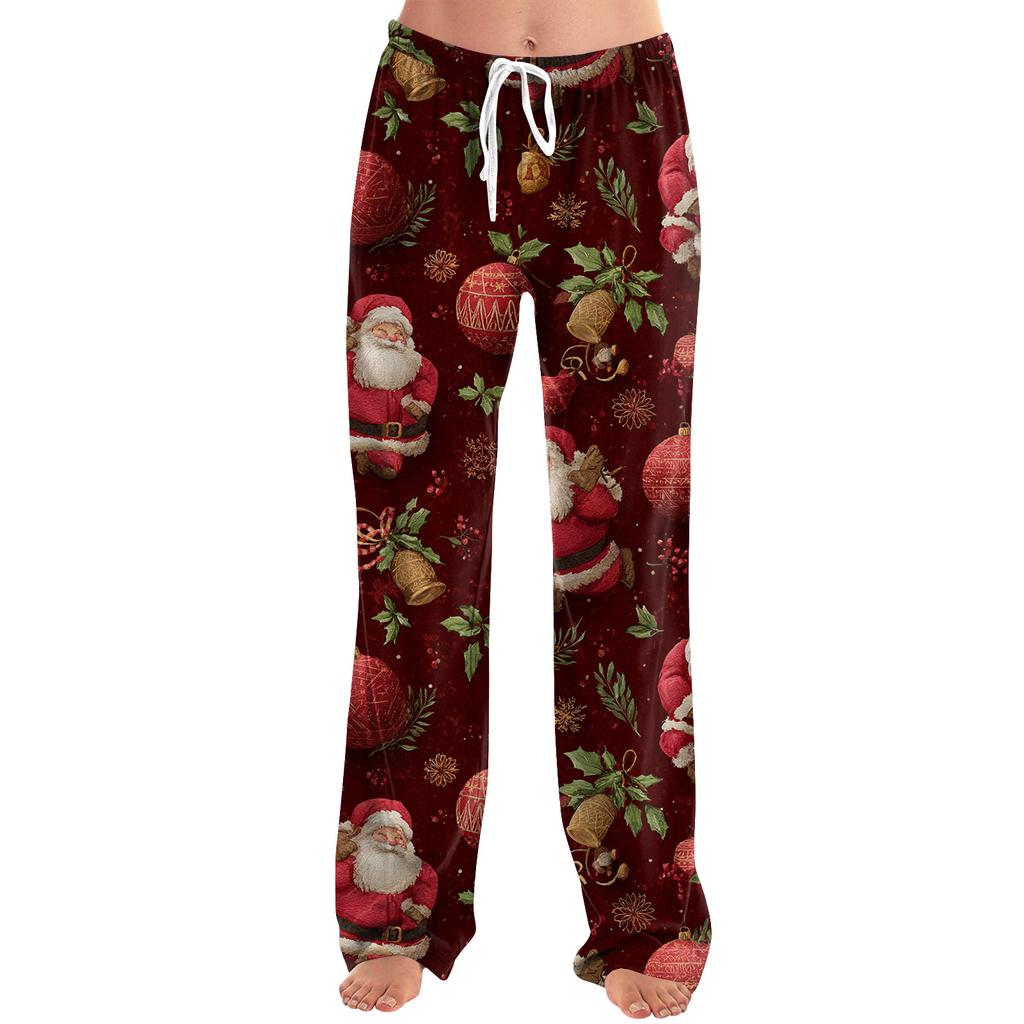 Ladies' Loose And Casual Christmas Printed Wide Leg Pants With Elastic Waistband Drawstring And Pocket Pants