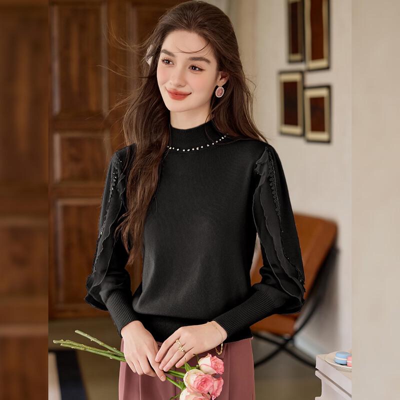 Bailuyu Women's Elegant Mock Neck Beaded Patchwork Sweater
