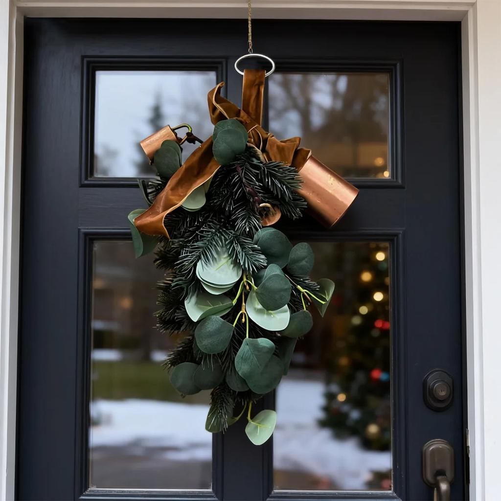 Needle Upside Down Water Drop Christmas Tree Velvet Bow Artificial Hanging Wreath Home Staircase Decoration Rattan