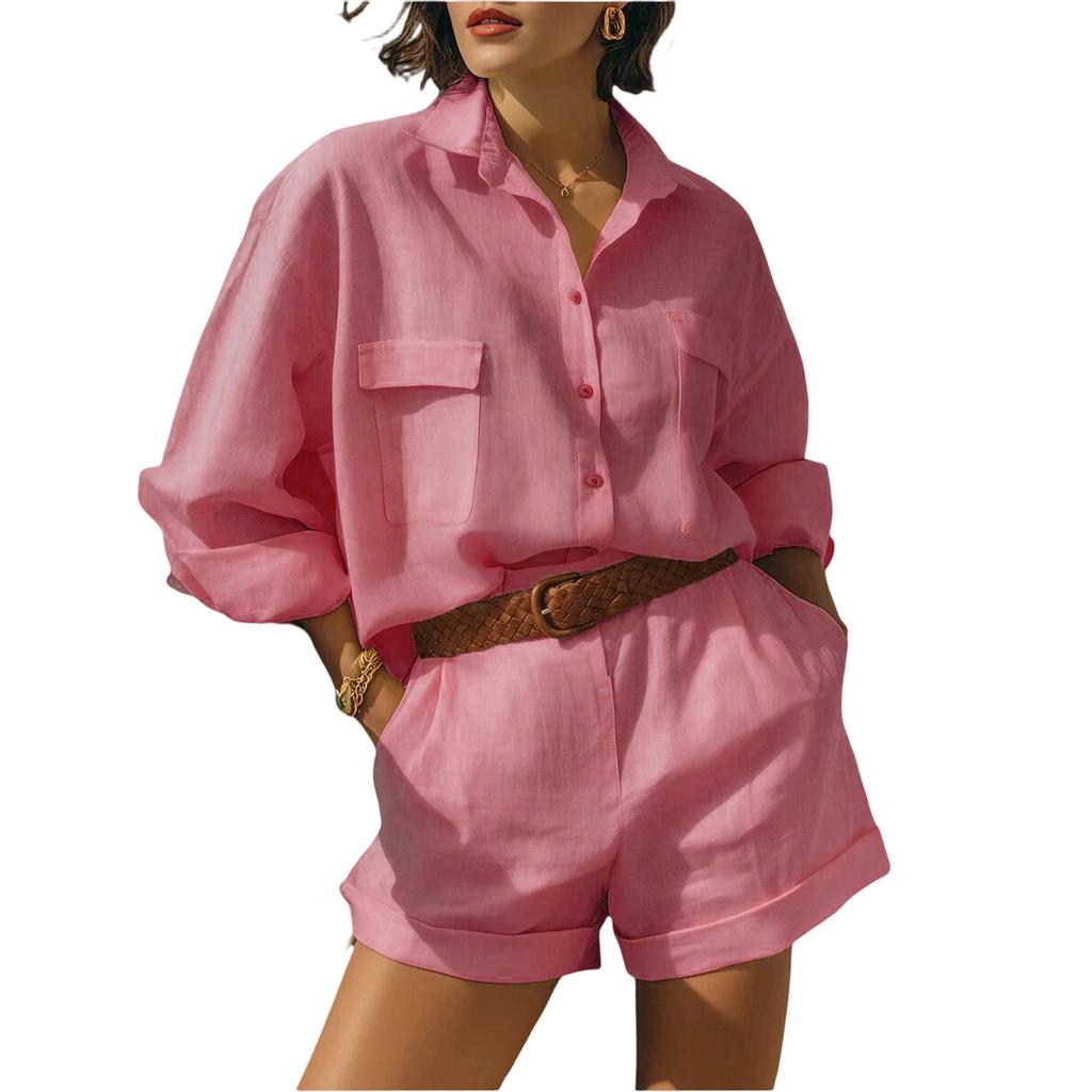 Ladies' Casual And Fashionable Cotton And Linen Loose Breasted Shirt And Shorts Set