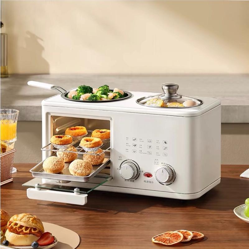 Machine à petit-déjeuner électrique domestique multifonctionnelle 4 en 1 Grille-pain Poêle Mini four Machine à pain et à pizza Cuiseur vapeur Bouilloire