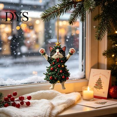 Creative Cat Crafts 2Pcs Christmas Acrylic Ornament, 2D Flat Kitty Hanging Pendant with Party Favors for Santa Hat Tree Decor, Car Rearview