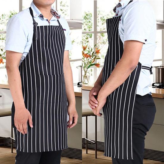 Adjustable Adult Black Stripe Bib Apron With 2 Pockets Chef Waiter Kitchen Cook