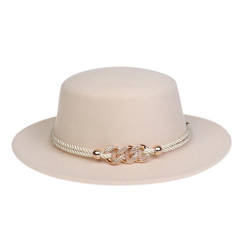 Women's Wool Felt Flat Top Fedora Hat - French Autumn/Winter Retro Style with Chain