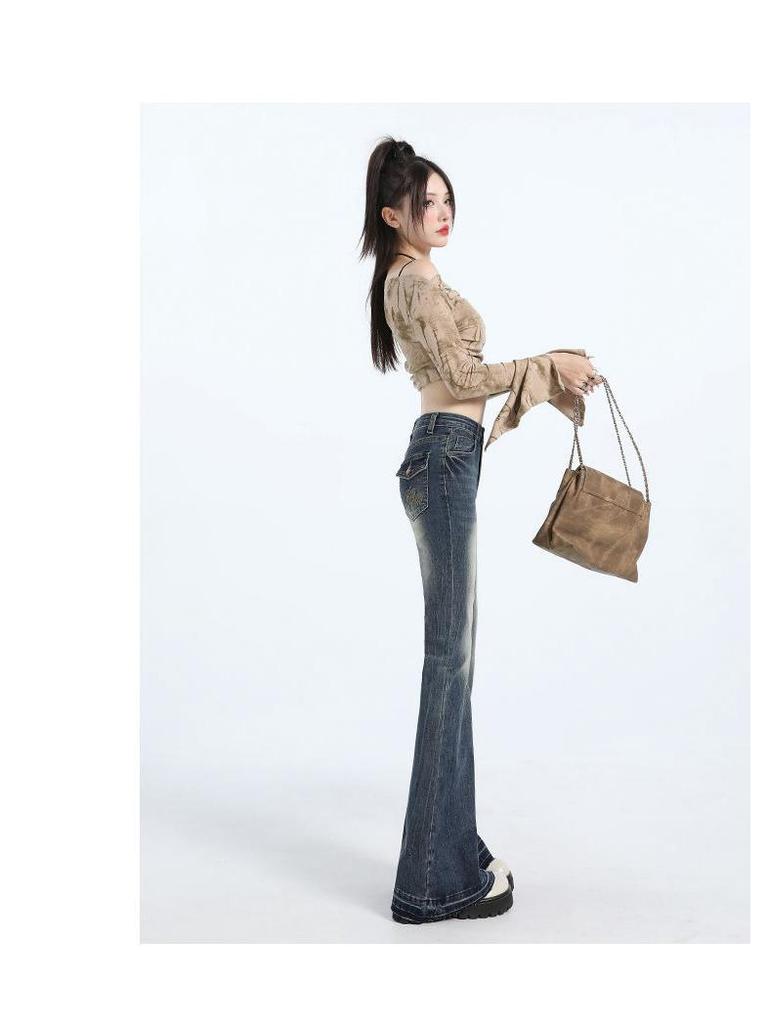 Retro Blue High-Waist Micro Flare Jeans with Slimming Raw Edge Design for Women - Spring & Autumn