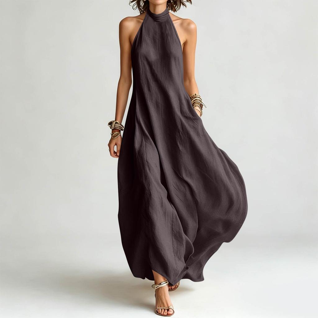 Bohemian Neckholder Maxikleid Lockere Passform Schulterfrei Ärmellos Langes Kleid Sommer Strandmode Lässiger Boho-Stil