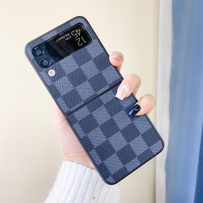 For Samsung ZFlip3 Mobile Phone Case Retro Plaid Nostalgic Brown Simple Anti-fall Leather Niche Neutral Style