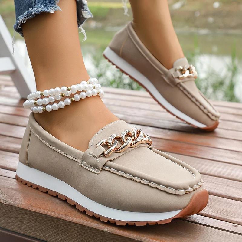 Fashion Fashion Loafers Metal Chain Soft Sole Flats Shoes for Women Spring Autumn Pu Leather Platform Loafers Woman Non Slip Casual Shoe