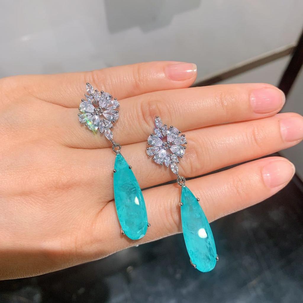 Jewelry Retro Imitation Paraiba Big Earrings Evening Water Drop Main Stone 10 * 30 Stud Earrings