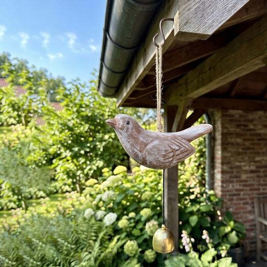 Rustic Wood Bird Wind Chime, Vintage Bird Sculpture Hanging Bell Pendant for Farmhouse, Patio, Garden, Balcony, Window Decor