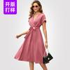 Factory European and American Summer V-neck Cross Waist Dress Lace-up Thin Solid Color Long Dress Women's Clothing