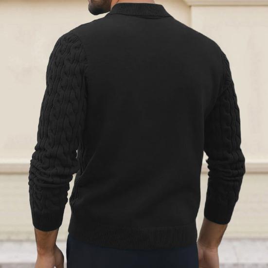 Men Knitted Tops Lapel Long Sleeve Solid Color Sweater Twist Pattern Winter Thick Warm Pullover Tops