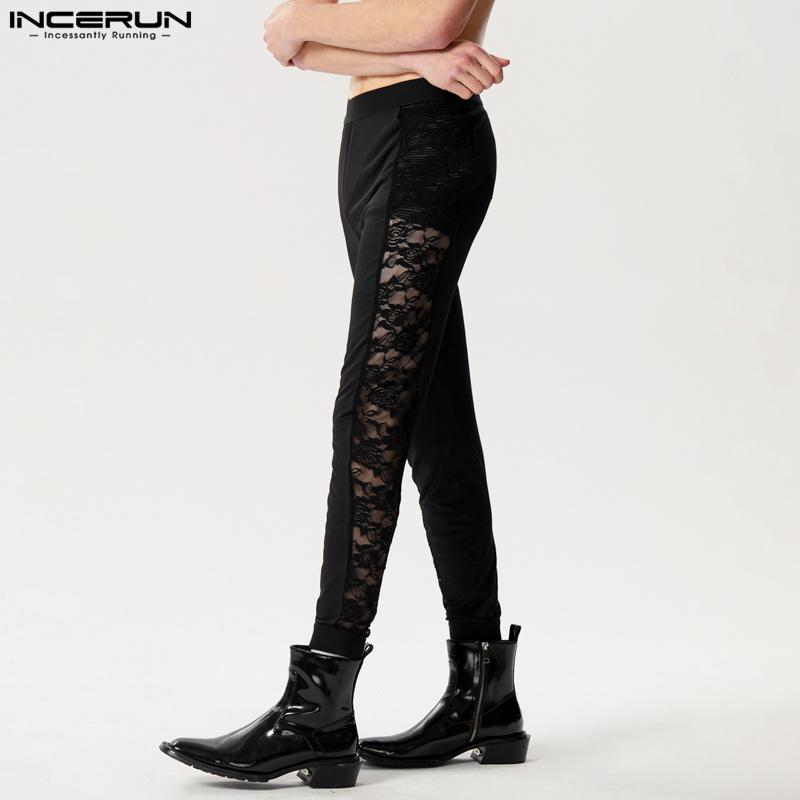 INCERUN Men High Waist Lace Patchwork Skinny Leggings Long Pants Home Wear