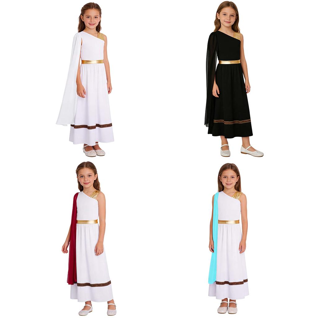 Costume da Esibizione Teatrale per Ragazze: Abito senza maniche con patchwork metallico e mantella a scialle per Cosplay di Dio Greco Romano