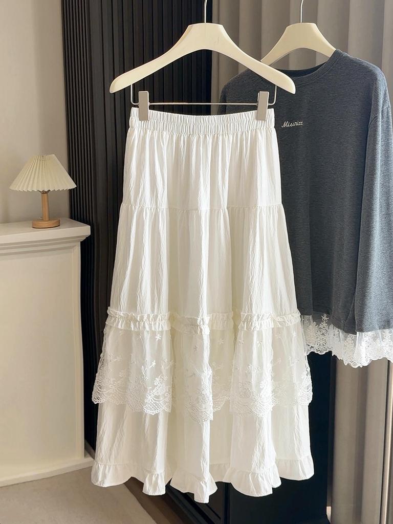 Women's High-Waist White Lace Ruffled Midi A-Line Skirt