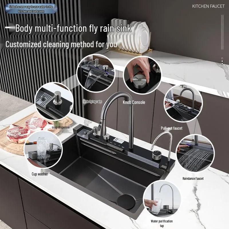 Large Handmade Black Honeycomb 304 Stainless Steel Kitchen Sink with Waterfall Design