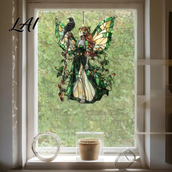 Home Interior Decorations Stained Glass Style Skeleton Fairy Window Hanging Suncatcher Acrylic Decorative Ornament with Butterfly Wings Garden Decor