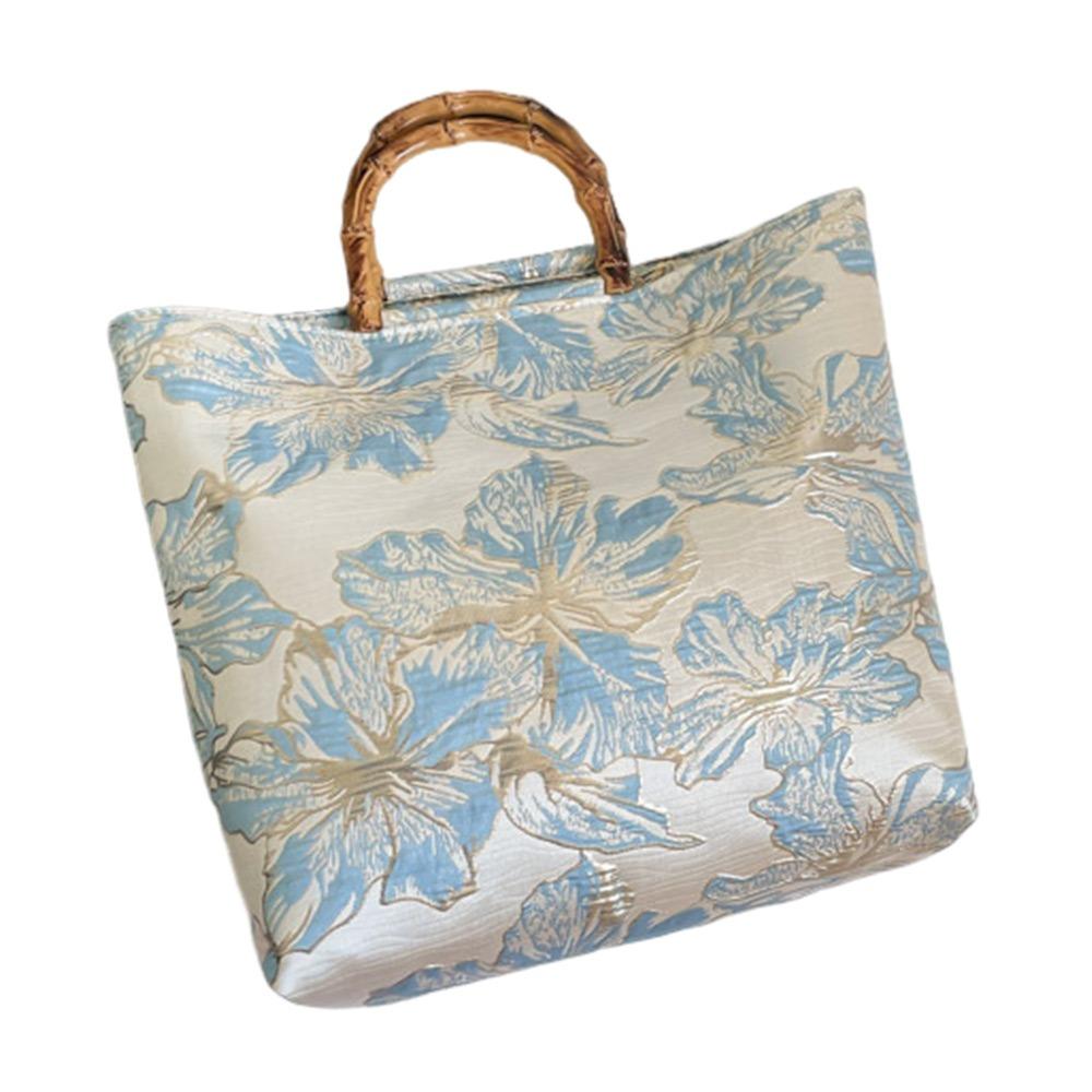 Bamboo Joint Canvas Tote Bag Zipper Closure Embroidered Design Chinese Style Bag Flower Pattern Large Capacity Jacquard Handbag