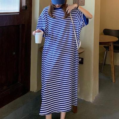 Women's Fashion Summer Spring Stripe Print 1/2 Sleeves O-Neck Loose Waistline Casual Dresses