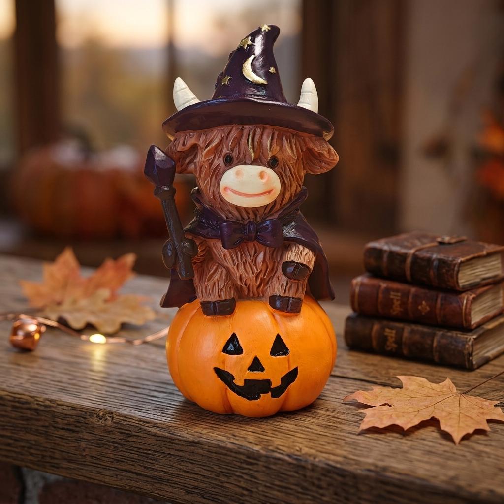 Halloween Resin Witch Broom Decoration with Pumpkin Theme for Party and Home Display