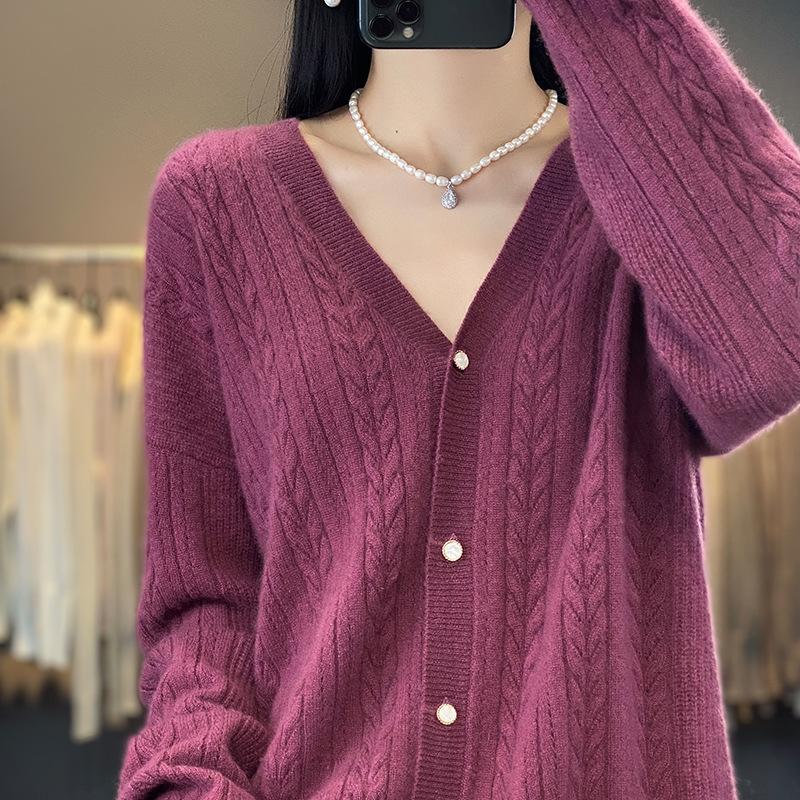 V-neck Twisted Floral Cardigan for Women In Autumn and Winter Loose Long-sleeved Knitted Cardigan for Sweater Jacket Top