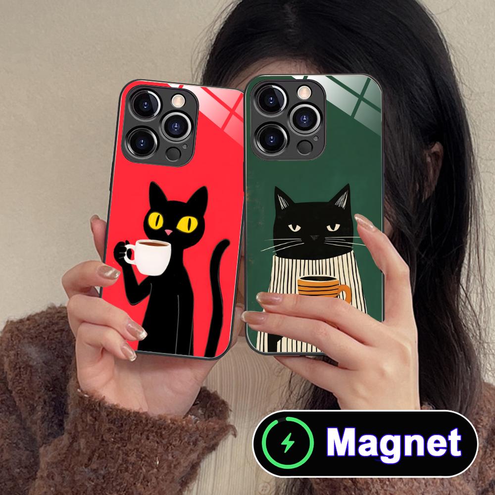 Cute Coffee Cat Glass MagSafe Mobile Phone Case for iPhone 17 16 15 14 13 12 11 Air Pro Max Plus Mini Colorful Cover