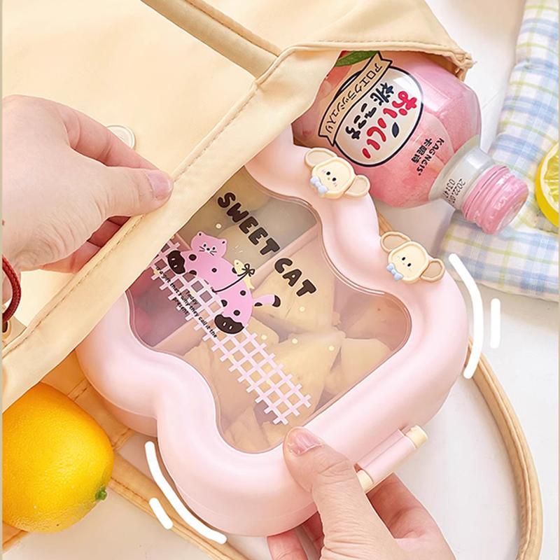 Kawaii Lunch Box With Spoon And Fork For Work School Cute Plastic Picnic Bento Box With Compartment Microwave Food Containers