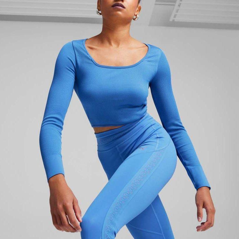Puma Corset Long Sleeve Solid Color Casual Short Sports T-Shirt Women Tops Blue 625391-40