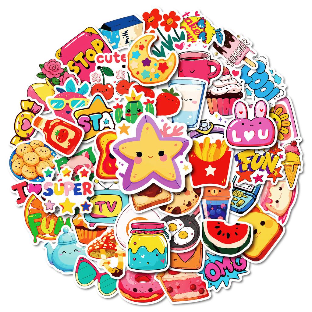 50 Girl Heart Hand-painted Cartoon Doodle Strawberry Cake Watermelon Five-pointed Star Waterproof Stickers