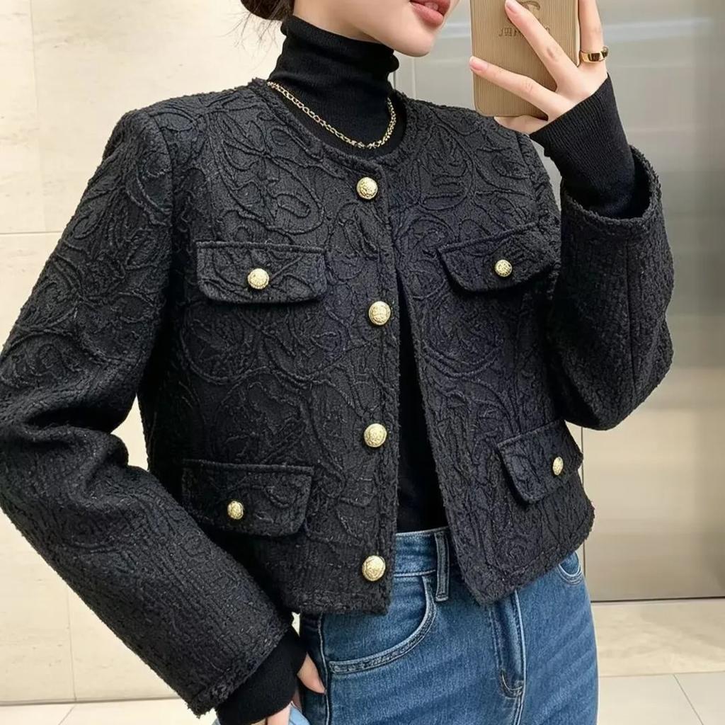 Streetwear Casual Jacquard Lace Jacket for Women Spring Autumn Korean Fashion 2026 Vintage O-Neck Long Sleeve Embroidery Short Coat