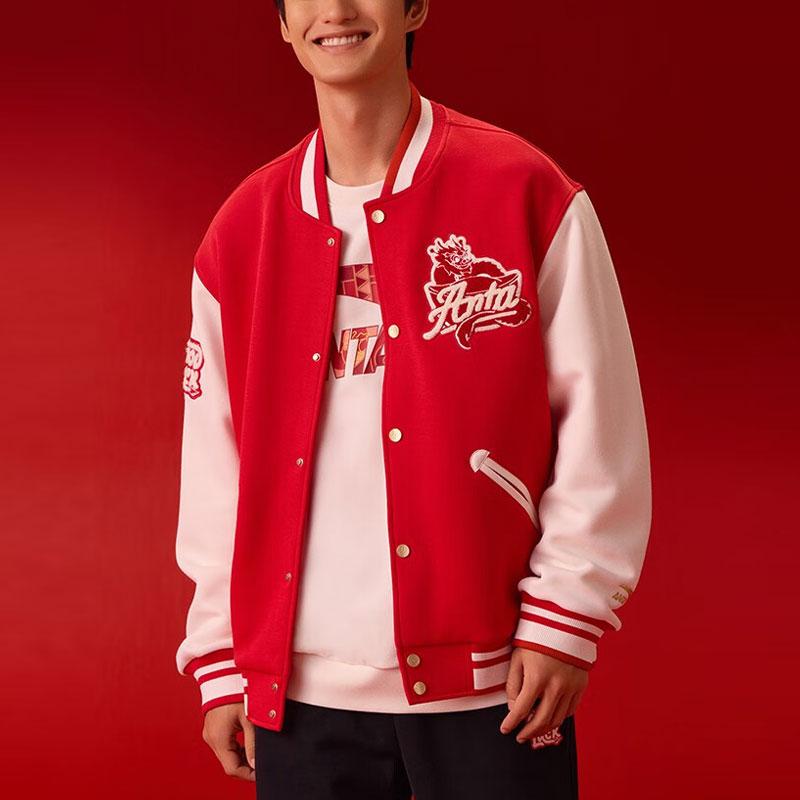 Anta Lifestyle Series Good Things Happen Dragon Year Color Block Thickened Baseball Jacket Men Jacket Deep-Red 152418745N-1