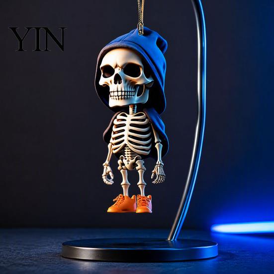 Lightweight Acrylic Car Decor 2Pcs Hoodie Skeleton Ornaments, 2D Flat Pendants, Gothic Backpack Pendant And Keychain Charm Style Hanging Ornaments for