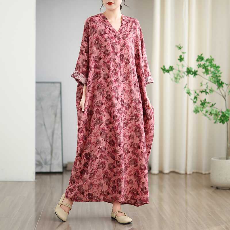 Vacation Style V-neck Long Skirt Cotton Linen Dress