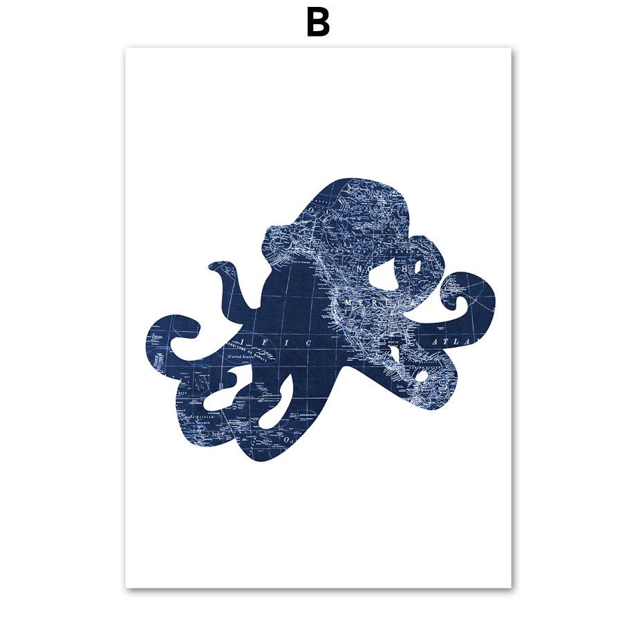 Blue Whale Shark Octopus Crab Fish Map Wall Art Canvas Painting Nordic Posters And Prints Wall Pictures For Baby Kids Room Decor