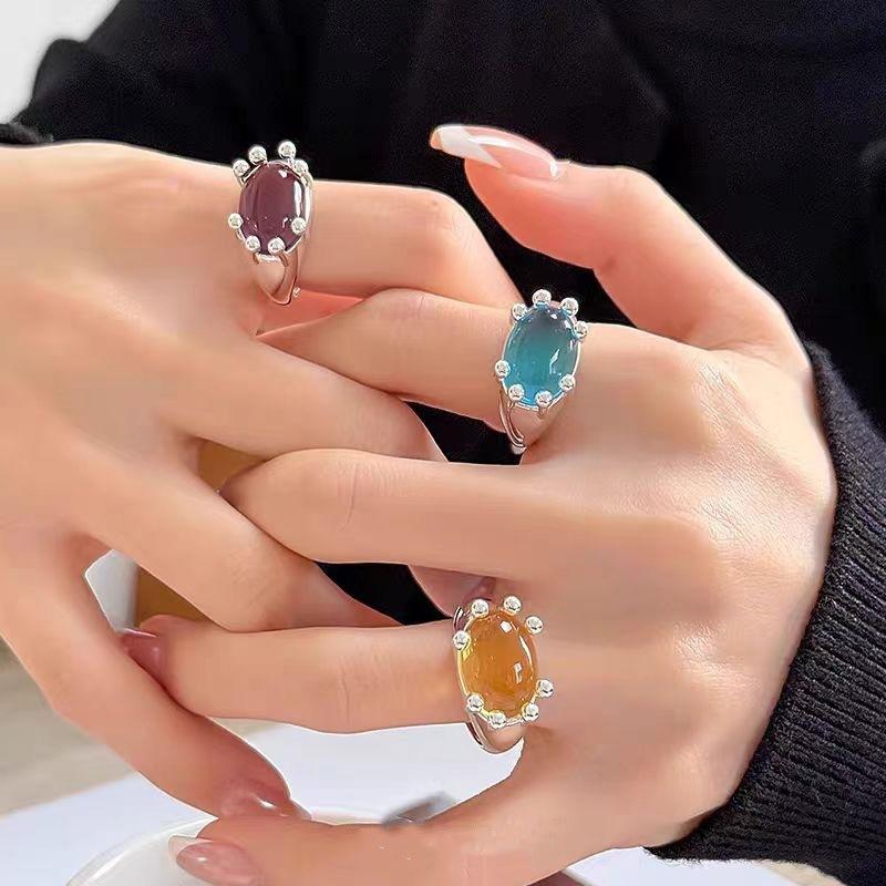 Vintage Sweet Design Colorful Opal Rings for Women Exaggerated Metal Geometric Round Gem Open Rings Aesthetic Jewelry Gift