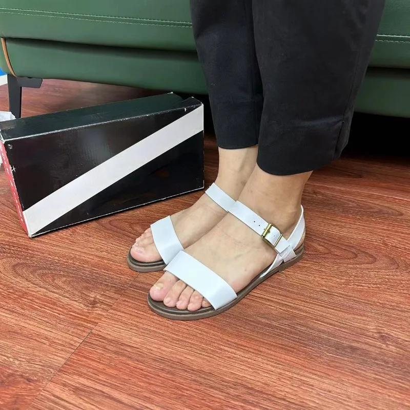 Mode Neu 2025 Damen Flache Sandalen Schnallenriemen Gladiatro Sommer Damen Sandale Komfort Leder Damenschuhe Einfarbige Flats Schuhe