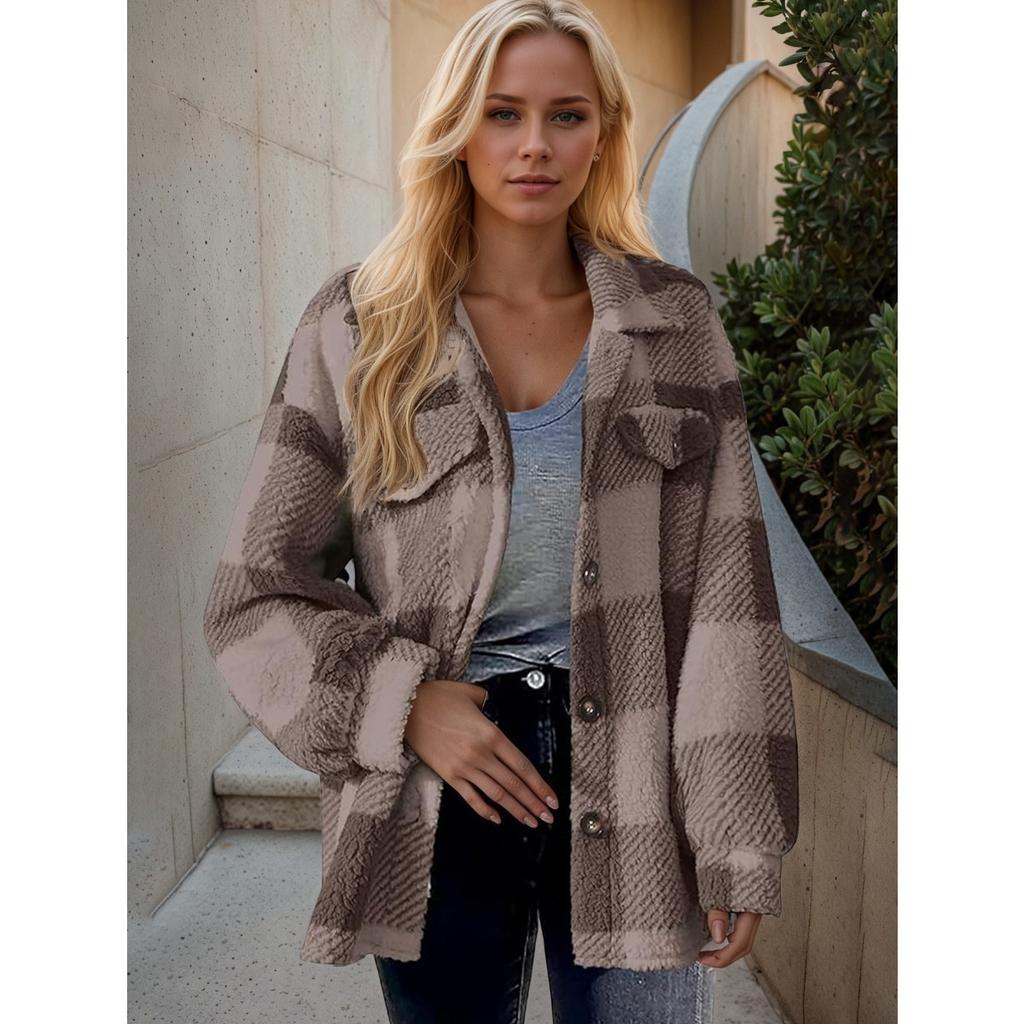 Ladies' Plush Fleece Winter Coat - Grid High Stretch Coat, Middle Eastern Elegant Collection, Machine Washable for Autumn and Winter