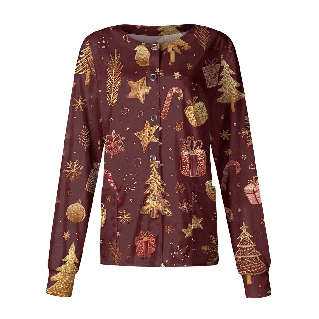 Women's Casual Long-sleeved Single-breasted Christmas Printed Protective Clothing Cardigan Top
