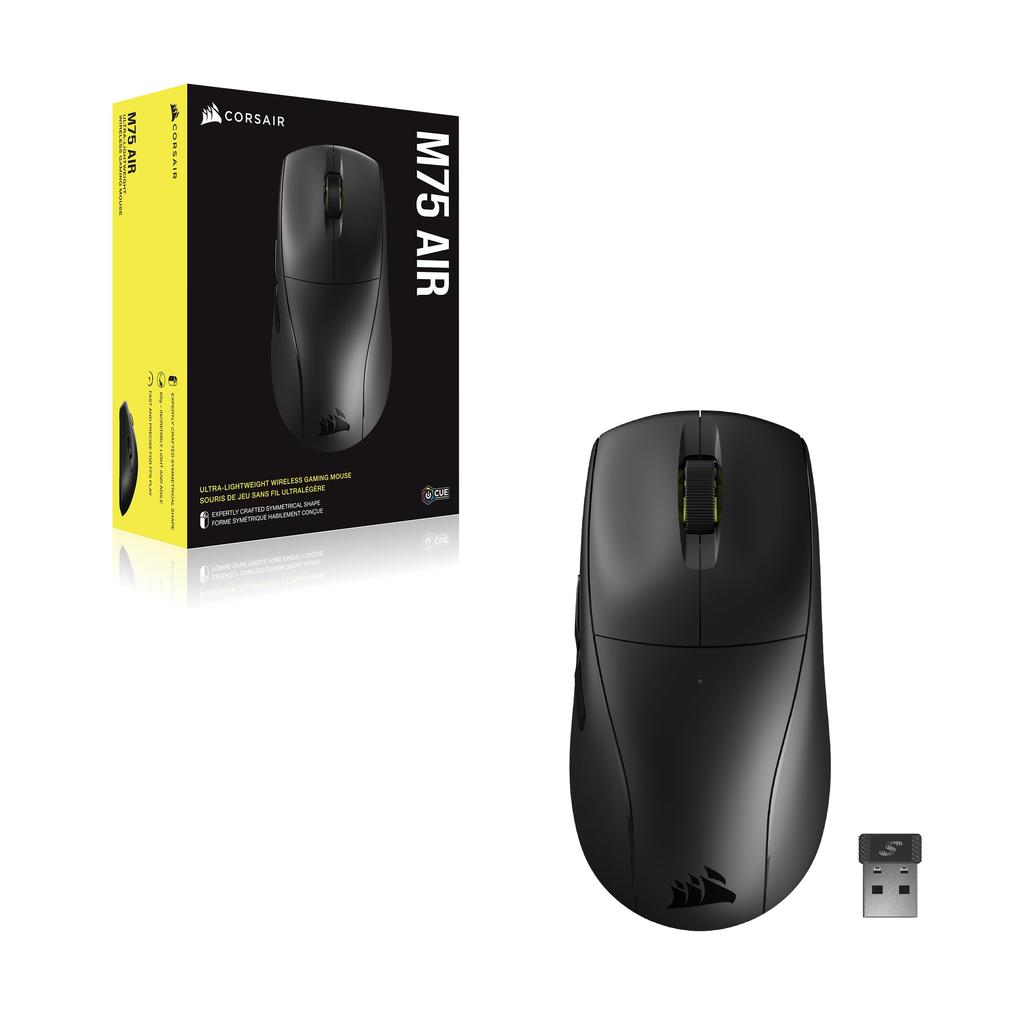 CORSAIR M75 AIR WIRELESS Wireless Gaming the Lightest Ever at iCUE 26000 Black Ultra-Lightweight Mouse, Company's 60g, Wireless/USB/Bluetooth