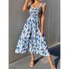 Women's Floral Print Tie Strap Midi Dress Square Neck Smocked Bust