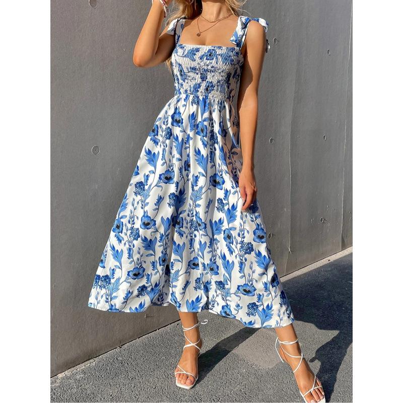 Women's Floral Print Tie Strap Midi Dress Square Neck Smocked Bust