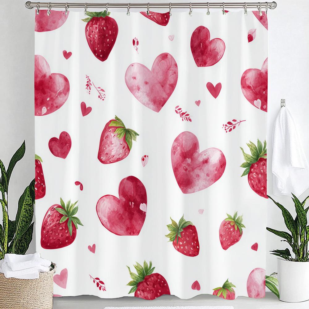 1Pc Heart Shaped Valentine S Day Shower Curtain - With Hooks Print Polyester Shower Curtain Bathroom Decoration Hanging Curtain